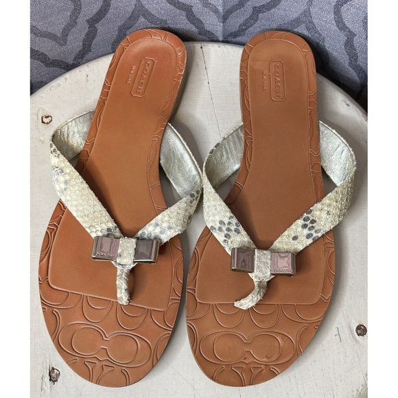 Coach Flip Flops Womens 9 B Sable Metallic Snake Skin Signature Sandal - Picture 2 of 8